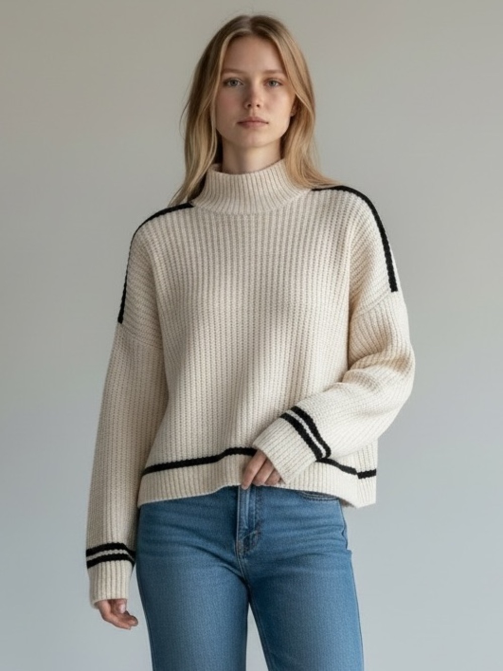 Sanctuary Cream Mock Neck Ribbed Sweater with Black Trim - Women